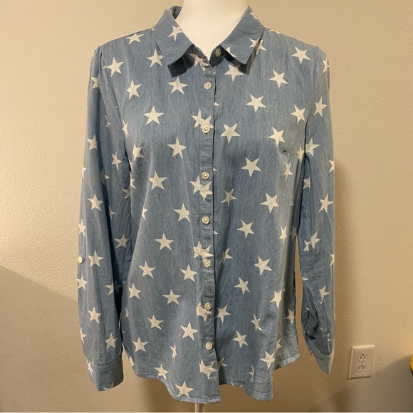 ModCloth Blue Cotton Chambray Star Print Long-Sleeve Button Shirt - Picture 2 of 15